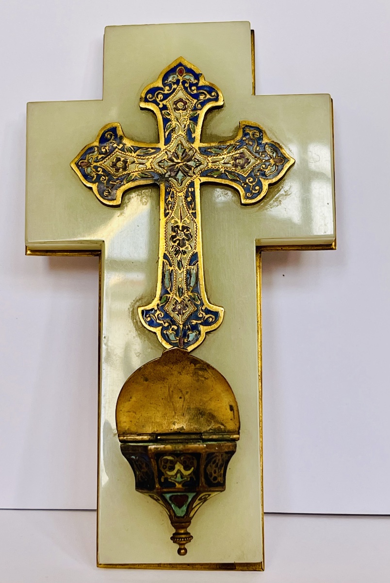Bronze Cloisonné, Onyx, And Brass Holy Water Font -photo-4